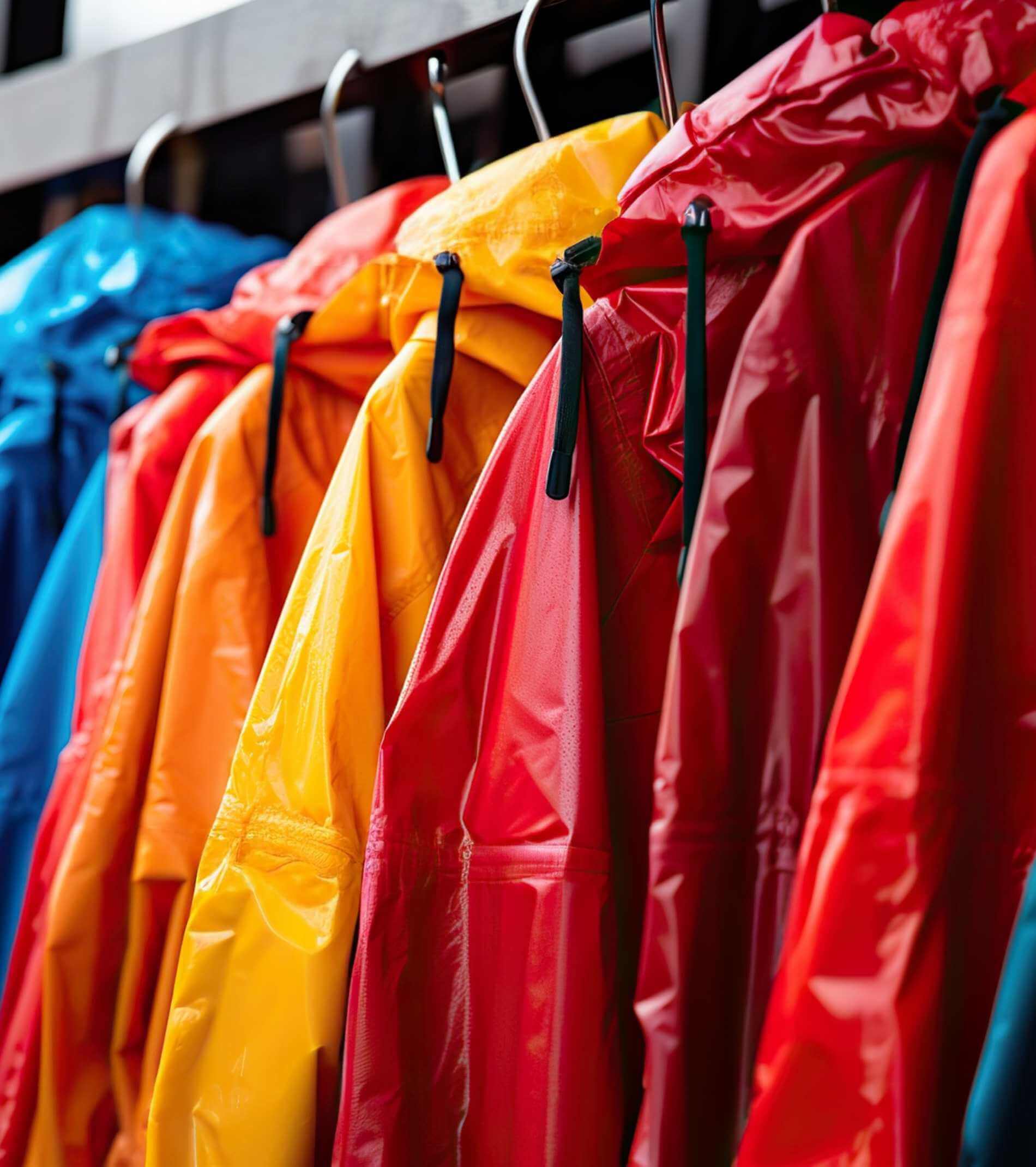 Colorful line of rain jackets , concept of Patterned waterproof apparel