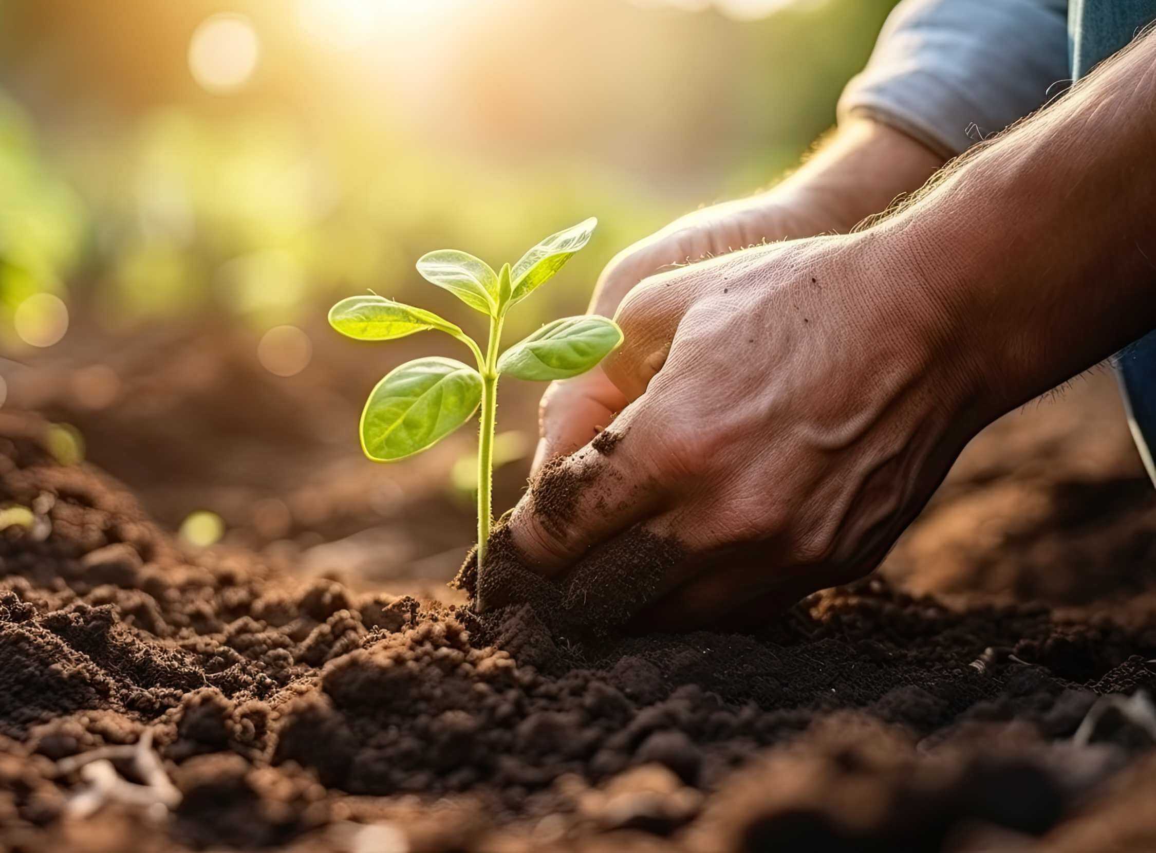 Close up  male hands of farmer planting seedling in fertile soil with sunlight. Earth day concept